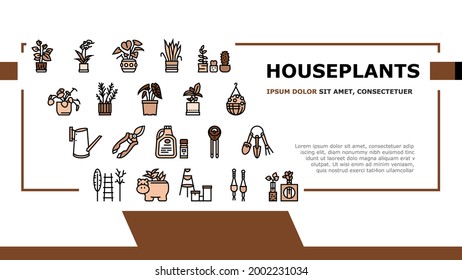 Houseplant Store Sale Landing Header Vector. Potting Houseplant And Cactus, Leaves Tree And Flower, Secateur Tool And Shovel Illustration