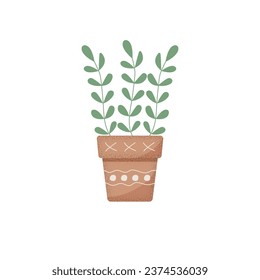 Houseplant in a textured patterned pot isolated on white background. Free green twigs in a brown pot. Vector illustration.
