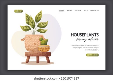 Houseplants for any interior modern website template. Web page with cactus and green plant in pots standing on wooden stand. Isolated design elements. Perfect for website, promo. Vector illustration.