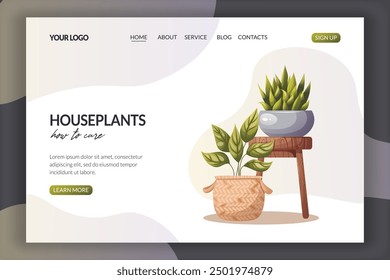 Houseplants for any interior modern website template. Web page with succulent and green plant standing on wooden stool. Isolated design elements. Perfect for website, promo. Vector illustration.