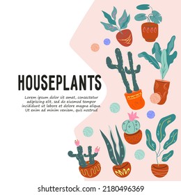 Houseplants banner or poster design for trendy hygge lifestyle and urban jungle concept. Planting at home as hobby and recreation, flat hand drawn vector illustration isolated on white background.