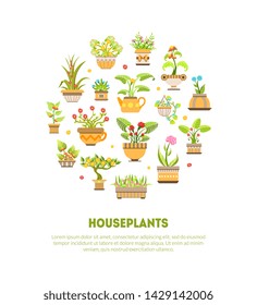 Houseplants Banner Template, Blooming House Plants in Flower Pots Vector Illustration