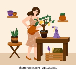 Houseplants. Beautiful young woman watering houseplants. Hobby.