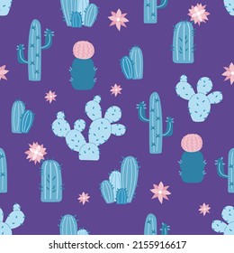 Houseplants, blue cacti in flat style. Vector seamless pattern with different cacti. Blue, pink, and purple colors. Cute hand-drawn background with desert plants. Vector illustration.