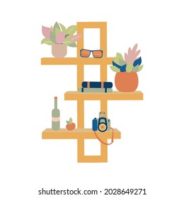 Houseplants, books, bottle, camera on Shelf Flat vector illustration on white background