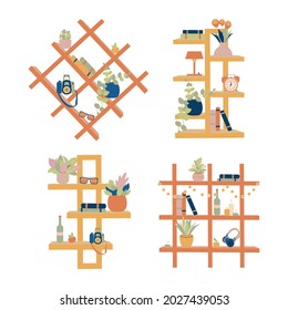 Houseplants, books, camera and headphones on Shelves of different types Flat vector illustration on white background