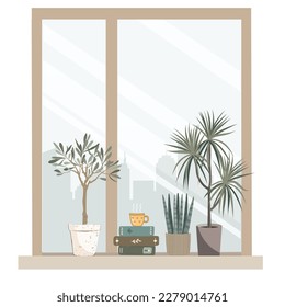 Houseplants, books and the hot drink mug on the windowsill. Indoor plants at the window, cozy home or office design element. Vector isolated illustration in a flat style.