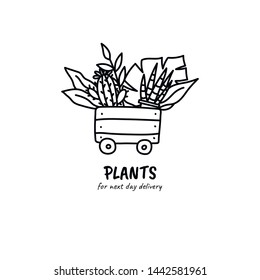 Houseplants in a box delivery doodle logo. Hand drawn illustration. Stock vector