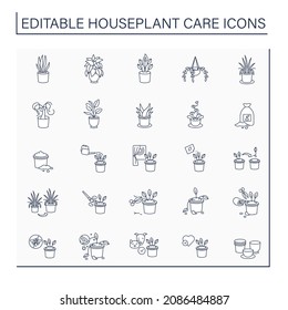 Houseplants care line icons set.Tropical plant interior decor. Beautiful home plant in hanging pot. Gardening concept.Isolated vector illustration.Editable stroke