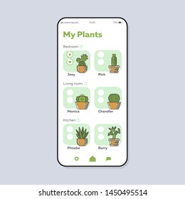 Houseplants care smartphone interface vector template. Mobile app page color design layout. Domestic plants watering reminder screen. Flat UI for application. Cacti in pots phone display