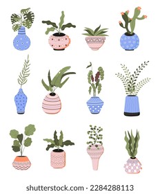 Houseplants with clay pots with ornaments vector set. Plants growing in pots or planter. Beautiful natural home. Icon of city jungle.