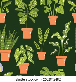 Colección de plantas domésticas. Patrón sin foco en un fondo verde. Ilustración vectorial de una variedad de flores y plantas para imprimir en textiles, papel de envoltura, papel pintado y diseños web.