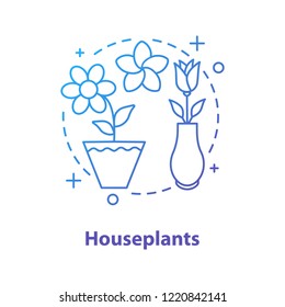 Houseplants concept icon. Flowers idea thin line illustration. Rose in vase, plumeria, crocus in flower pot. Vector isolated outline drawing