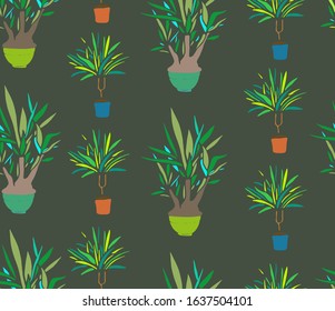Houseplants in doodle style. Pattern on a dark background. Green palm tree in a pot.