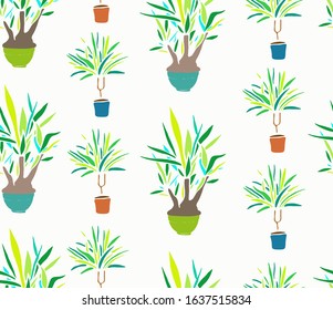 Houseplants in doodle style. Pattern on a light background. Green palm tree in a pot.