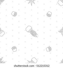 Houseplants and Dots Monochrome Vector Seamless Pattern