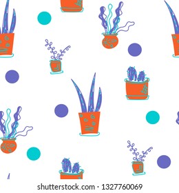  Houseplants flat hand-drawn seamless pattern. Flower pots. Vector 