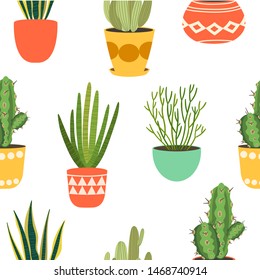 Houseplants flat seamless pattern. Potted succulent and cactus natural background. Sansevieria leaves, decorative snake plant foliage texture. Botanic wrapping paper, wallpaper vector design