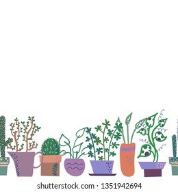 Houseplants  in flower pots on white background.Simple flat style, in soft colors.Vector seamless pattern .
