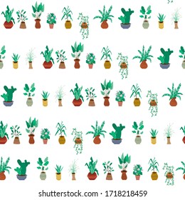 Houseplants in flower pots. Potted flowers background. Gardening drawing seamless. Floral pattern. Green flowers flat.