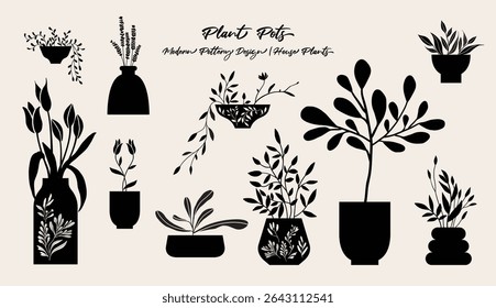 Houseplants, flowerpot, plant pot, silhouette graphic, vector illustration.