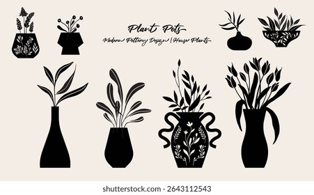 Houseplants, flowerpot, plant pot, silhouette graphic, vector illustration.