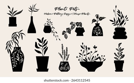 Houseplants, flowerpot, plant pot, silhouette graphic, vector illustration.