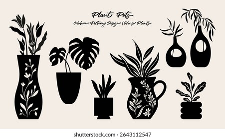 Houseplants, flowerpot, plant pot, silhouette graphic, vector illustration.