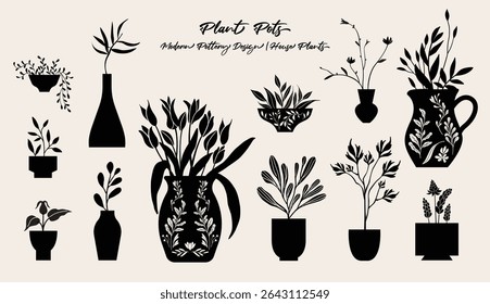 Houseplants, flowerpot, plant pot, silhouette graphic, vector illustration.
