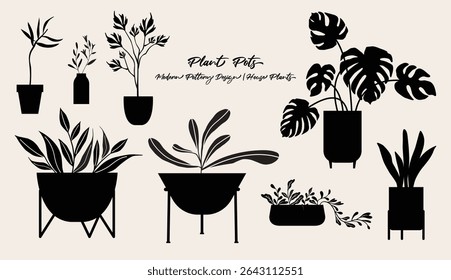 Houseplants, flowerpot, plant pot, silhouette graphic, vector illustration.