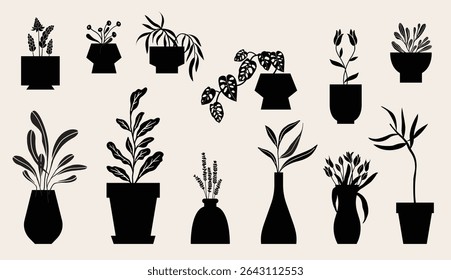 Houseplants, flowerpot, plant pot, silhouette graphic, vector illustration.