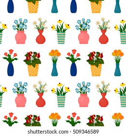 Houseplants in flowerpots seamless pattern. Flowers in pots and vases background. EPS10 vector illustration in flat style.
