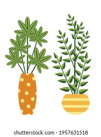 houseplants, flowers in pots, botanical elements, decorative flowers, green leaves and branches, stylized, flat vector graphics