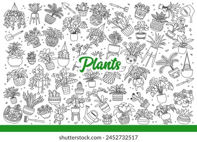 Houseplants and flowers in pots or cache-pots to decorate apartment. Set of blooming houseplants from florist shop with petals of different shapes to give interior eco style. Hand drawn doodle
