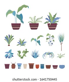 Houseplants, flowers in pots flat vector illustrations set. Clay flowerpots with home plants, interior design elements pack. Greenery, domestic flowers collection isolated on white background