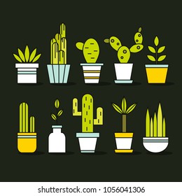 Houseplants, hand drawn collection. Background, house plants vector. Colorful illustration with flat icons. Decorative set, good for printing. Design backdrop, potted plants