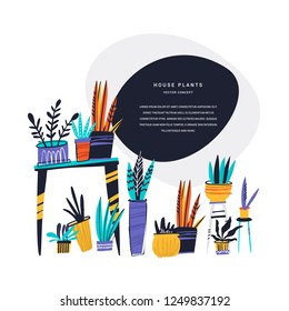 Houseplants hand drawn color vector illustration. Flower pots and text frame. House plants exhibition poster concept with copyspace. Indoor plants banner, magazine page scandinavian cartoon template