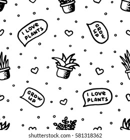 Houseplants, Hearts, Bubbles and Dots Hand Drawn Vector Seamless Pattern