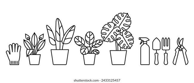 Houseplants Icon Set. Topfpflanzen und lebensnotwendige Güter. Line Icon Set - Pflanzen-Spathiphyllum, Bananenpflanze, Calathea, Monstera. Ausrüstung-Schere, Sprühflasche, Pruner, Gießkanne. editierbar