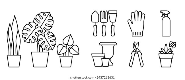 Iconos de las plantas. Plantas en macetas y herramientas de jardinería. Conjunto de iconos de línea - Planta de serpientes, Monstera. Equipo-pala, botella de aerosol, podadora, regadera. Trazo editable, vector lineal