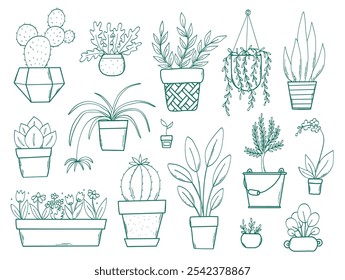 Plantas de casa, plantas de interior garabatos, Elementos de dibujos animados colección para impresiones, pegatinas, Anuncios, vistas, tarjetas, carteles, etc. EPS 10