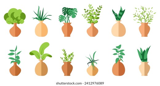 Houseplants interior icons in a flat design. Modern house plants in different clay pots and planters. Set of houseplants in clay pots for home, office, indoor decoration