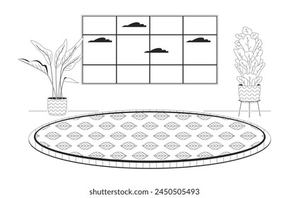Houseplants livingroom cozy carpet round black and white cartoon flat illustration. Floor rug leaf pattern 2D lineart interior isolated. Potted plants living room monochrome scene vector outline image