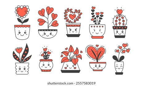 Houseplants Love Doodle Set. Cute hand drawn potted plant collection with face, heart shaped leaves leaf and flower. Valentine's day clipart. 