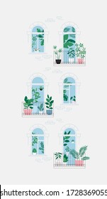 Houseplants on the balcony. Room full of plants, view through the door. Urban jungle concept. Apartment house facade