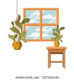 houseplants on macrame hangers and table