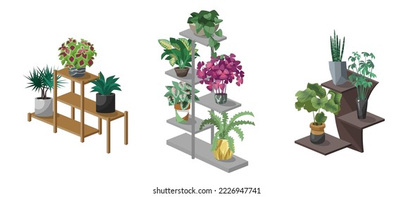 Houseplants on plant shelves cartoon illustrations set. Wooden stands for decorative plants in flowerpots isolated on white background. Decoration, home interior, nature concept