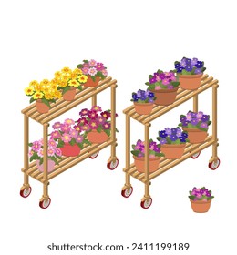 Las plantas domésticas están en un rack. Flores en macetas de flores en estanterías. Equipo 3D isométrico para una floristería o invernadero. Bandeja de planta interior aislada en blanco. Conjunto de primarosa y violeta. Vector.