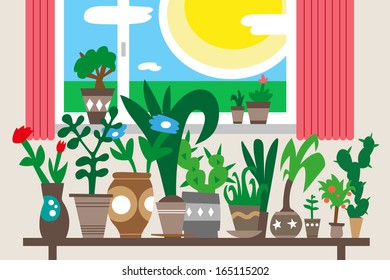 houseplants on table near window - vector illustration