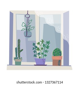 Houseplants on the window. Isolated on white. Simple flat style, in soft colors.Vector illustration.